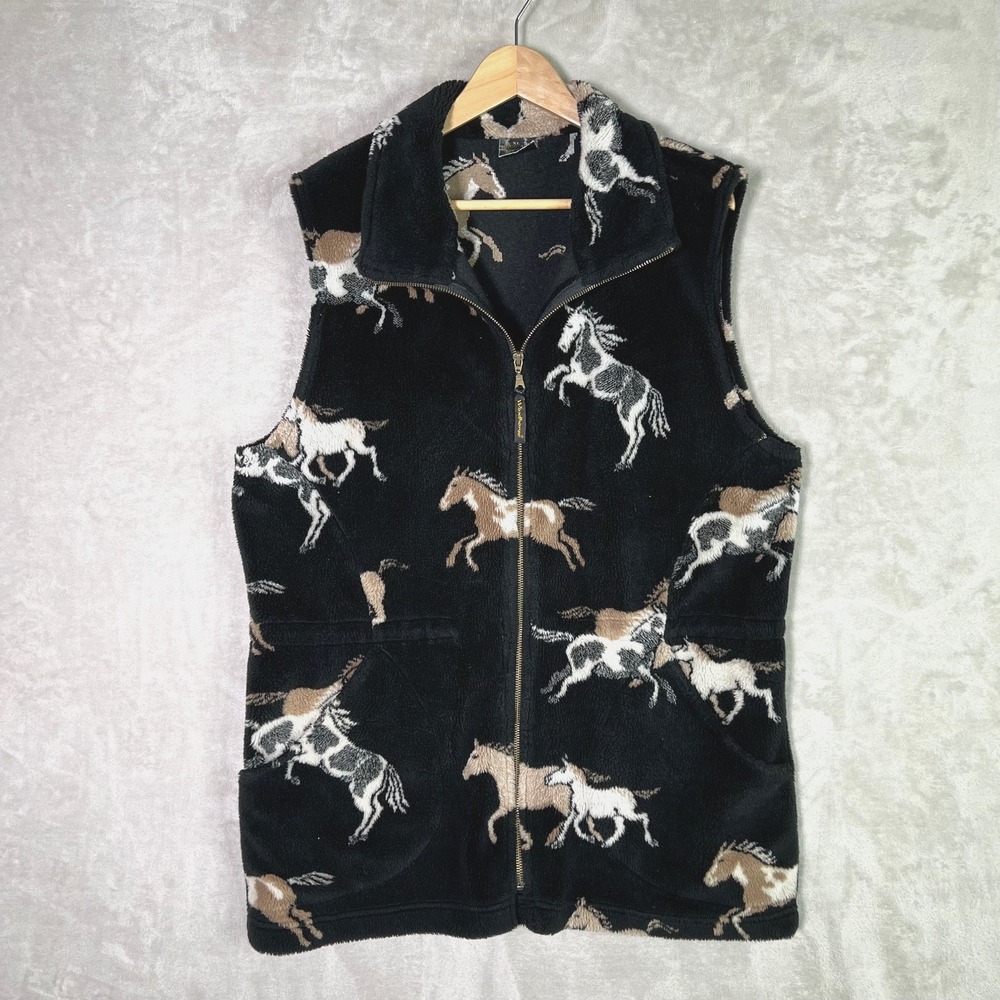 Vintage Wild Horse Sherpa Fleece Vest Equestrian Zip Front USA Ranch Cowgirl